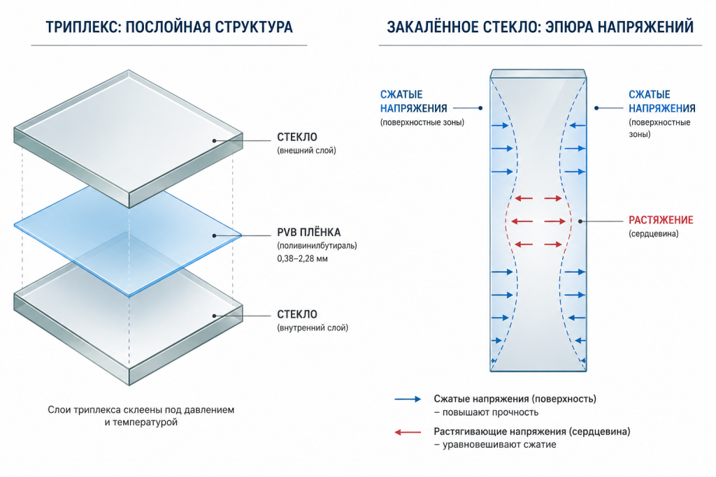 Строение триплекса с плёнкой PVB и распределение напряжений в закалённом стекле — схема