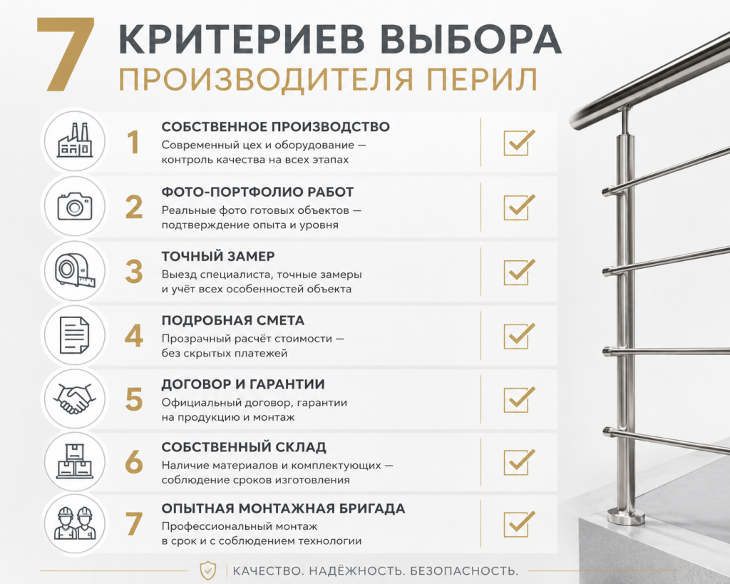 Чек-лист выбора производителя перил — собственный цех, портфолио, договор, гарантия
