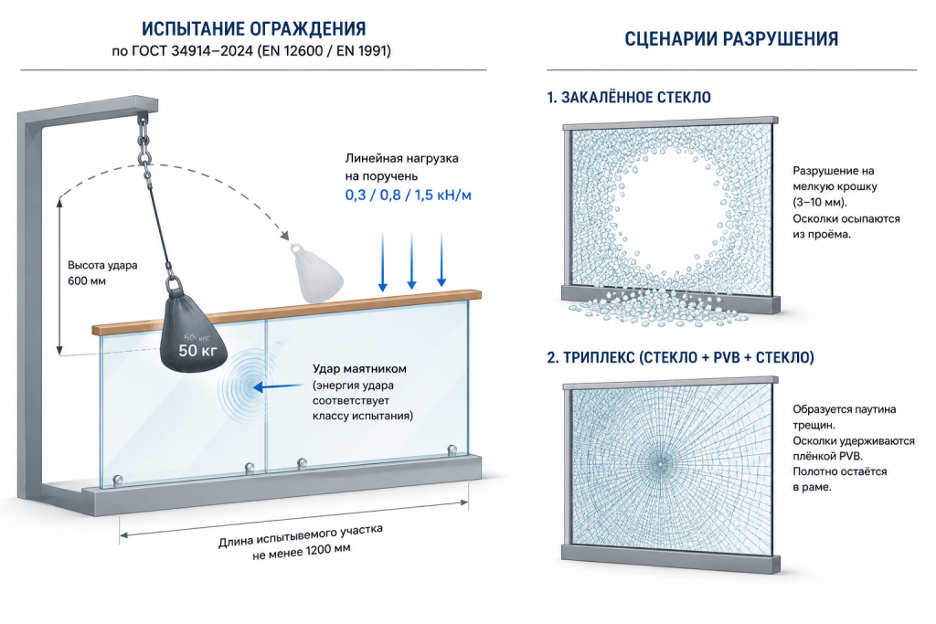 Испытание стеклянного ограждения ударом маятника и поведение стекла при разрушении — схема